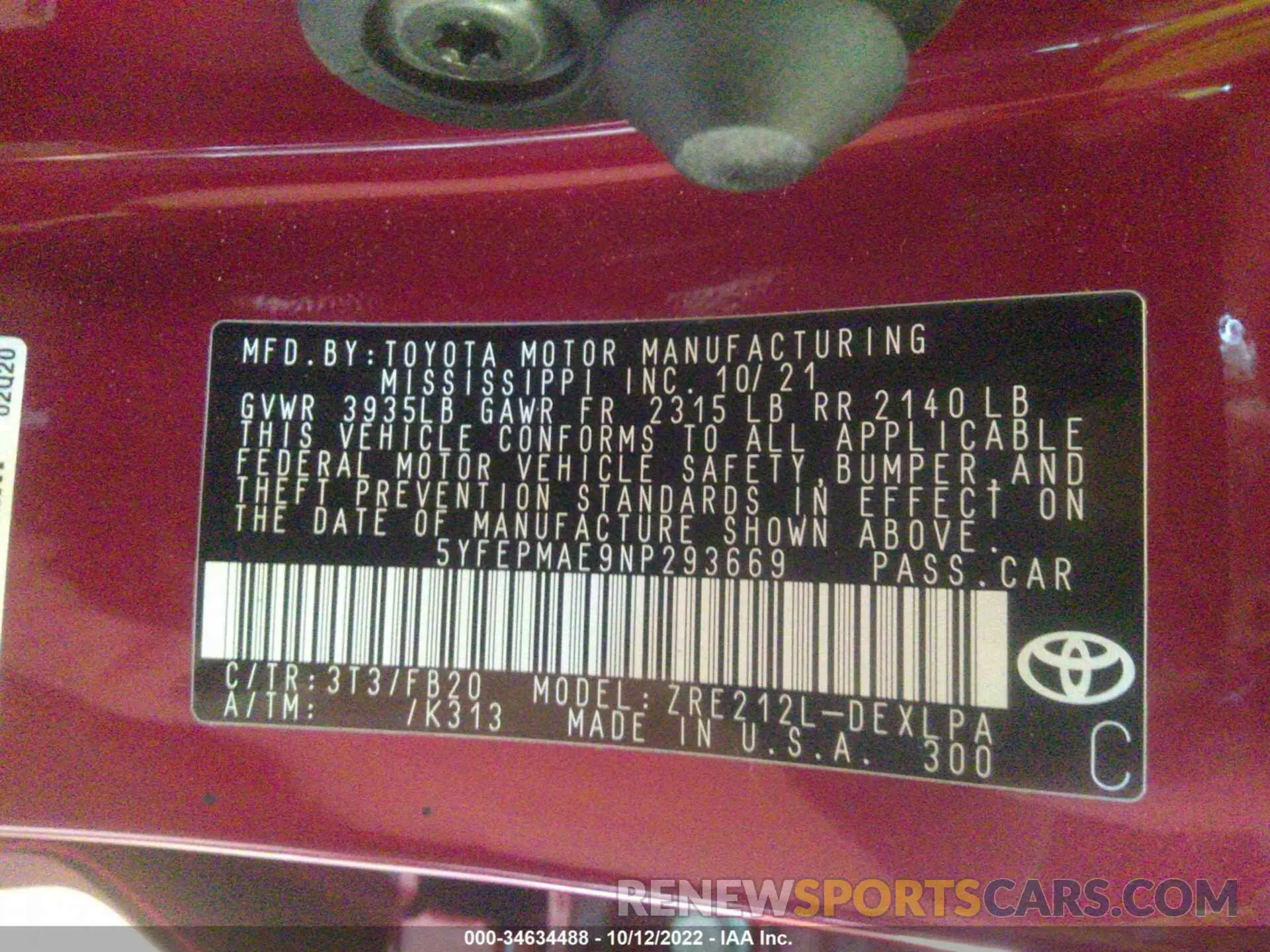 9 Photograph of a damaged car 5YFEPMAE9NP293669 TOYOTA COROLLA 2022