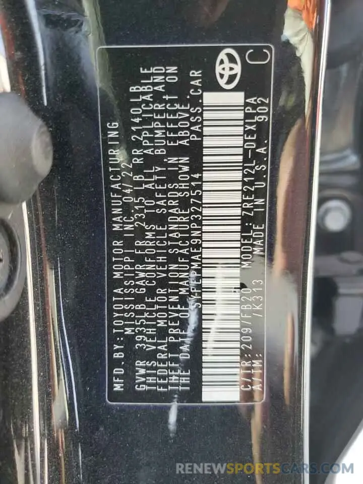 13 Photograph of a damaged car 5YFEPMAE9NP327514 TOYOTA COROLLA 2022