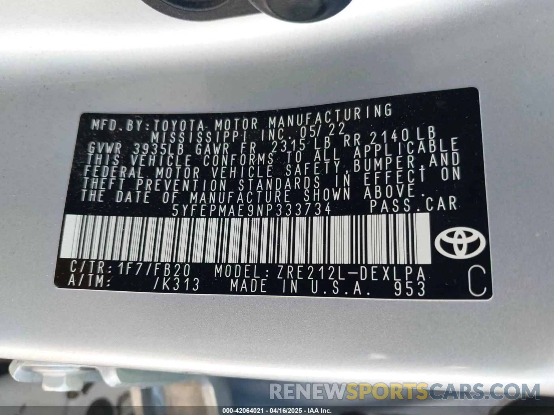 9 Photograph of a damaged car 5YFEPMAE9NP333734 TOYOTA COROLLA 2022