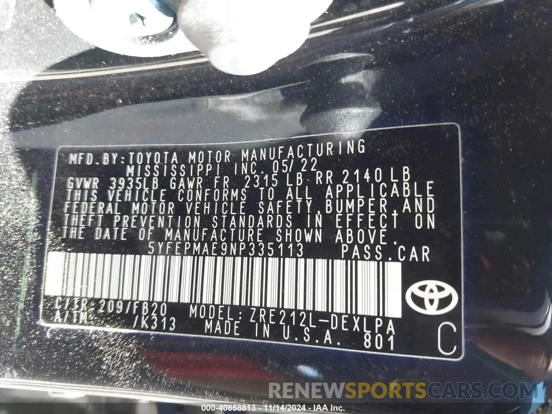 9 Photograph of a damaged car 5YFEPMAE9NP335113 TOYOTA COROLLA 2022