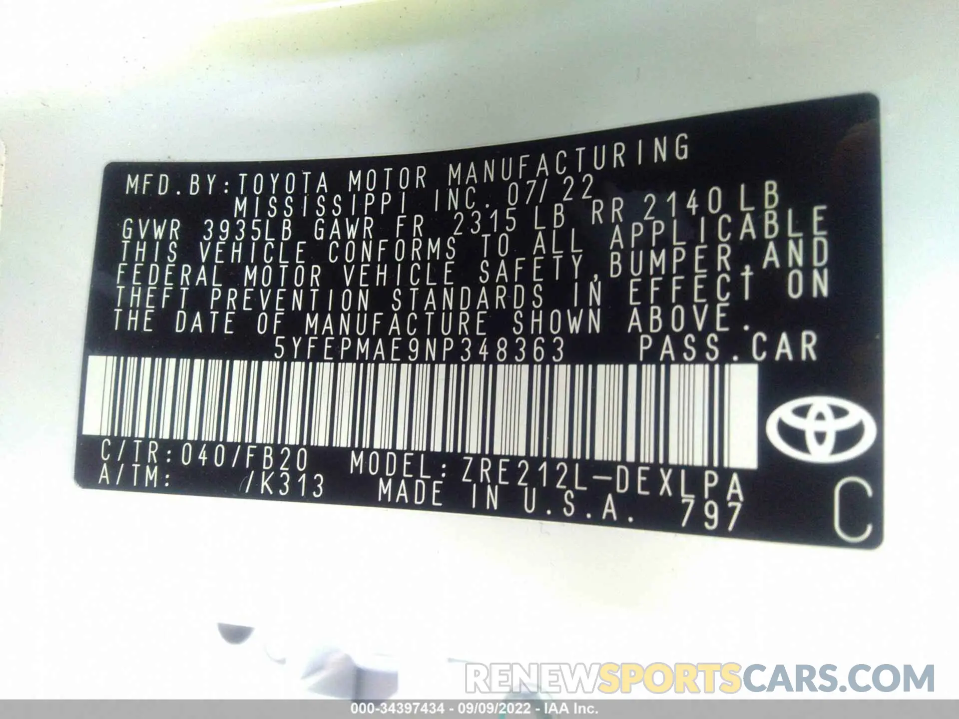9 Фотография поврежденного автомобиля 5YFEPMAE9NP348363 TOYOTA COROLLA 2022