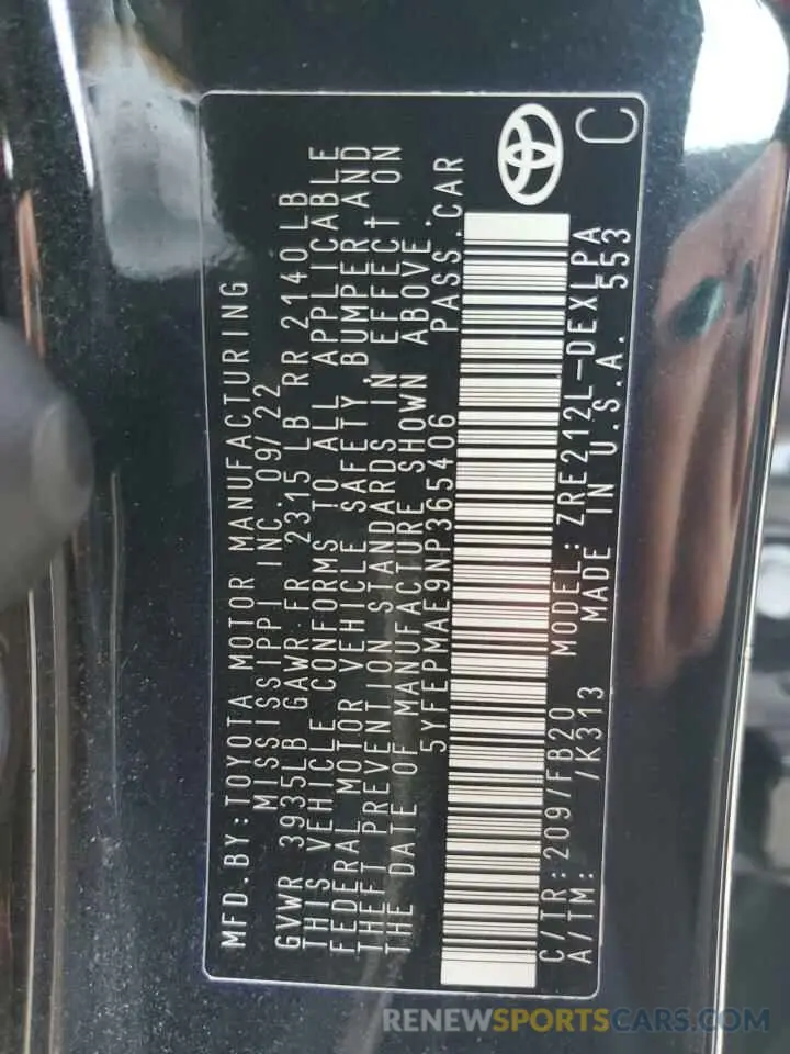 12 Фотография поврежденного автомобиля 5YFEPMAE9NP365406 TOYOTA COROLLA 2022