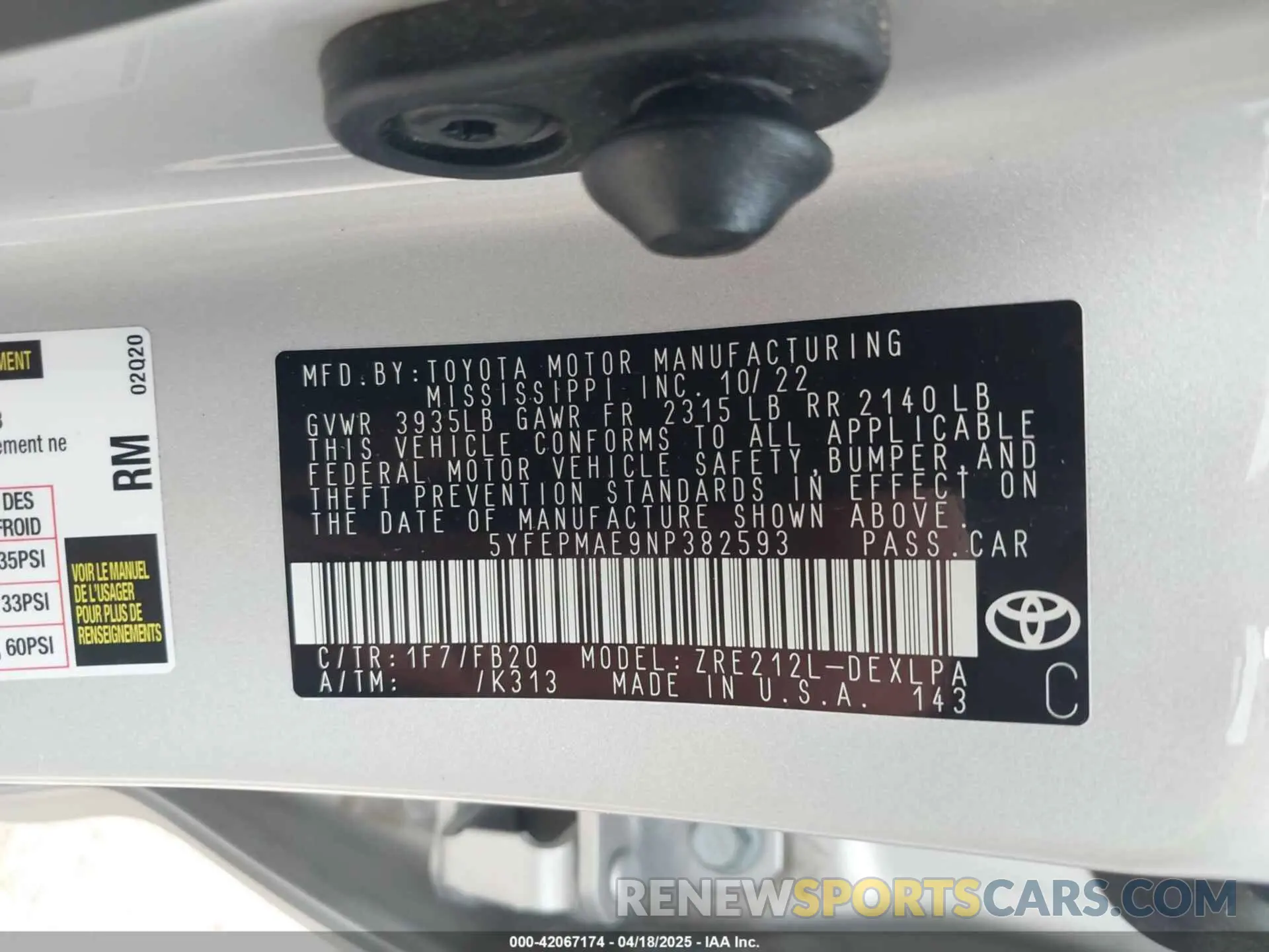 9 Фотография поврежденного автомобиля 5YFEPMAE9NP382593 TOYOTA COROLLA 2022
