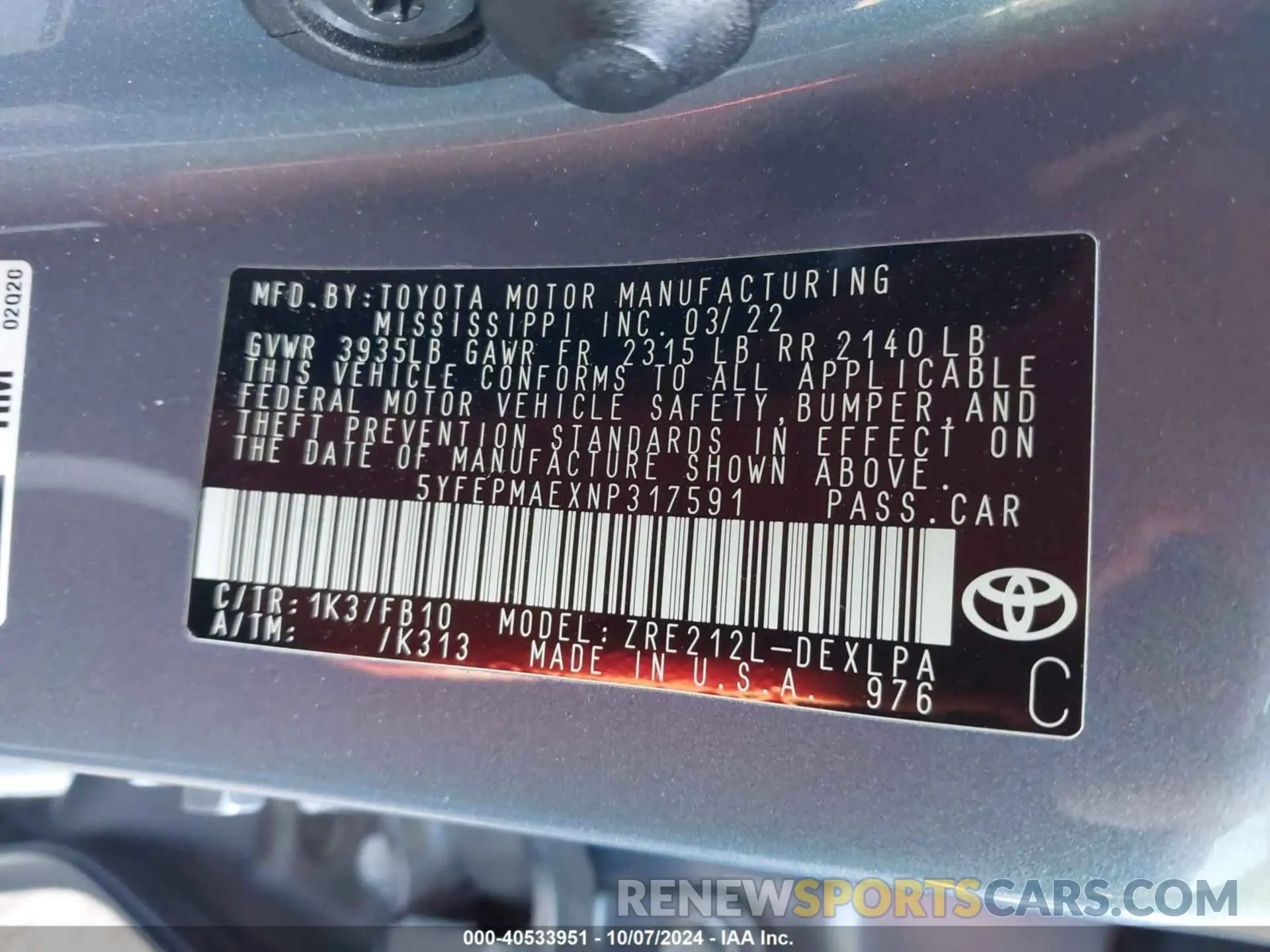 9 Photograph of a damaged car 5YFEPMAEXNP317591 TOYOTA COROLLA 2022