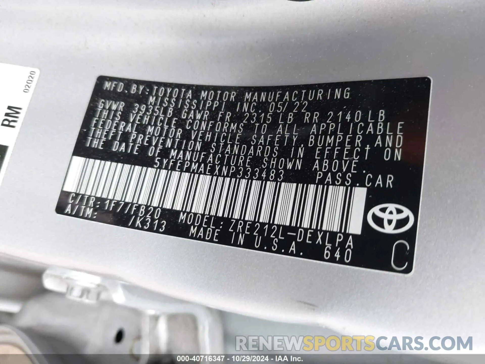 9 Photograph of a damaged car 5YFEPMAEXNP333483 TOYOTA COROLLA 2022
