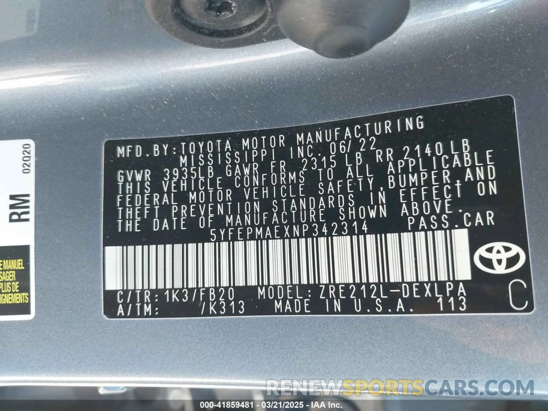 9 Фотография поврежденного автомобиля 5YFEPMAEXNP342314 TOYOTA COROLLA 2022