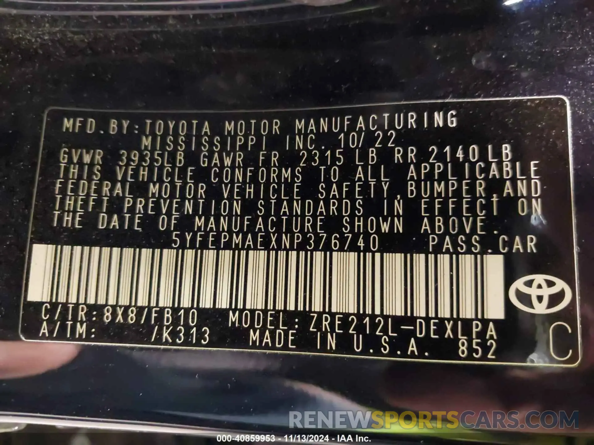 9 Photograph of a damaged car 5YFEPMAEXNP376740 TOYOTA COROLLA 2022