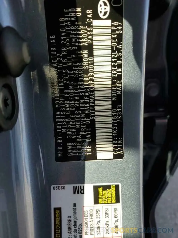 13 Фотография поврежденного автомобиля 5YFEPMAEXNP390010 TOYOTA COROLLA 2022