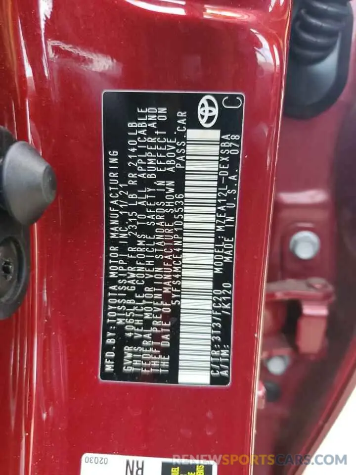 13 Фотография поврежденного автомобиля 5YFS4MCE4NP105536 TOYOTA COROLLA 2022