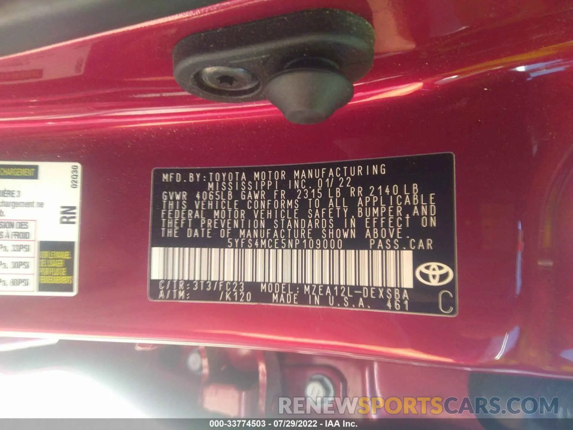 9 Фотография поврежденного автомобиля 5YFS4MCE5NP109000 TOYOTA COROLLA 2022