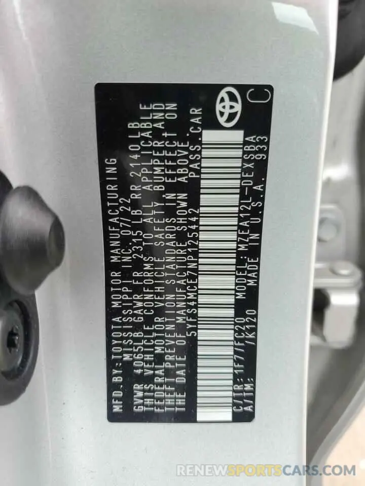 12 Фотография поврежденного автомобиля 5YFS4MCE7NP125442 TOYOTA COROLLA 2022