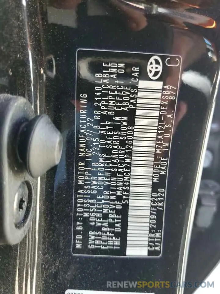 12 Photograph of a damaged car 5YFS4MCE7NP126008 TOYOTA COROLLA 2022