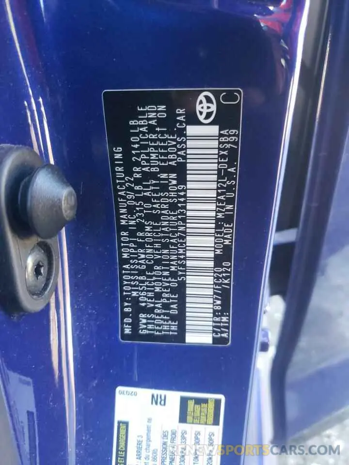 12 Фотография поврежденного автомобиля 5YFS4MCE7NP131449 TOYOTA COROLLA 2022