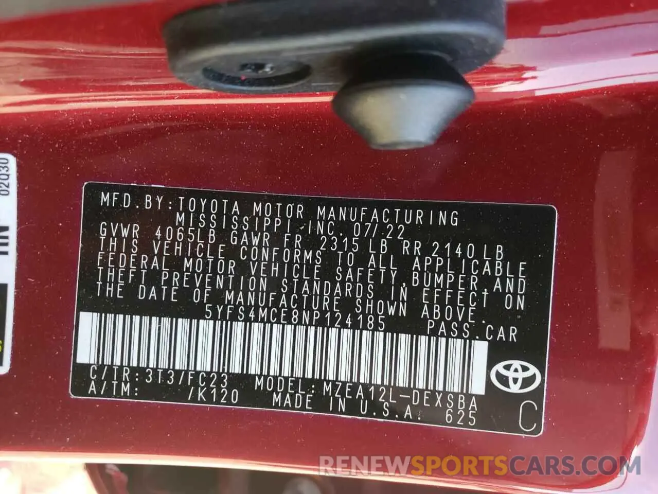 12 Фотография поврежденного автомобиля 5YFS4MCE8NP124185 TOYOTA COROLLA 2022