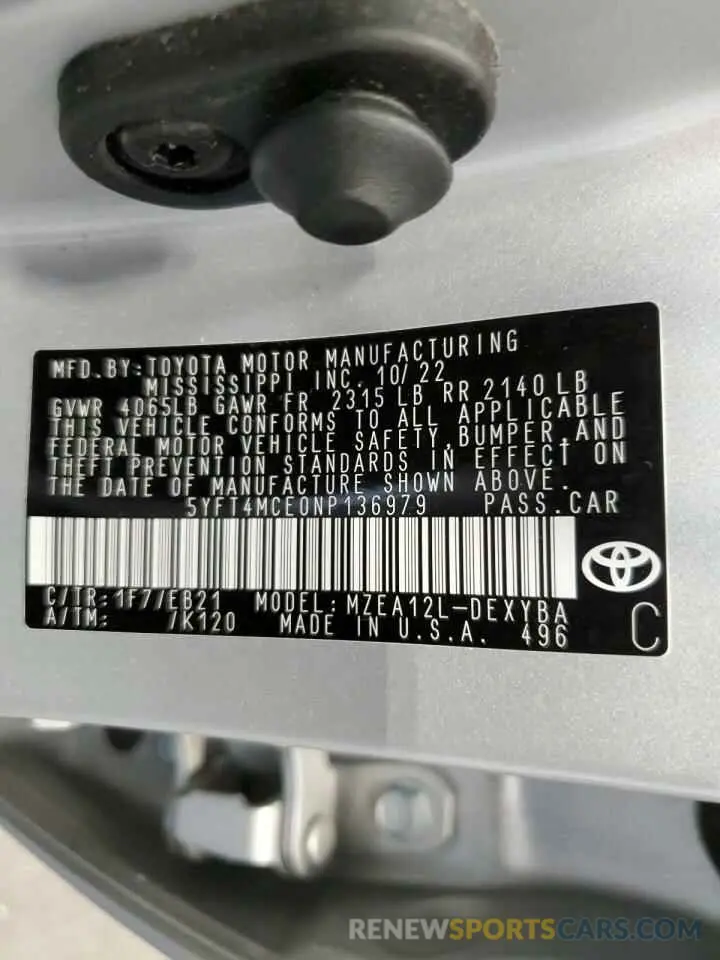 12 Фотография поврежденного автомобиля 5YFT4MCE0NP136979 TOYOTA COROLLA 2022
