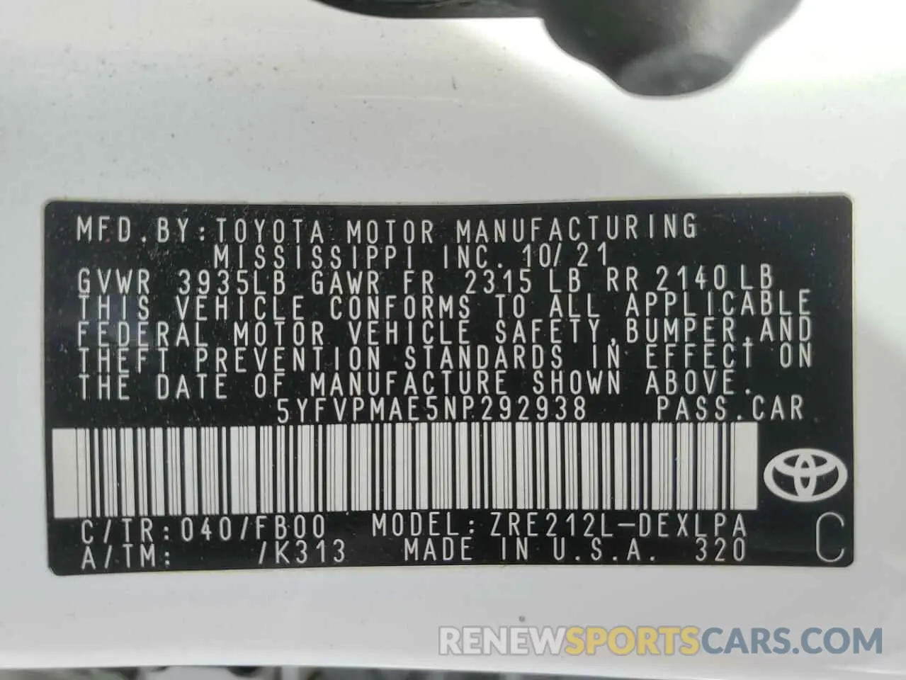 13 Photograph of a damaged car 5YFVPMAE5NP292938 TOYOTA COROLLA 2022
