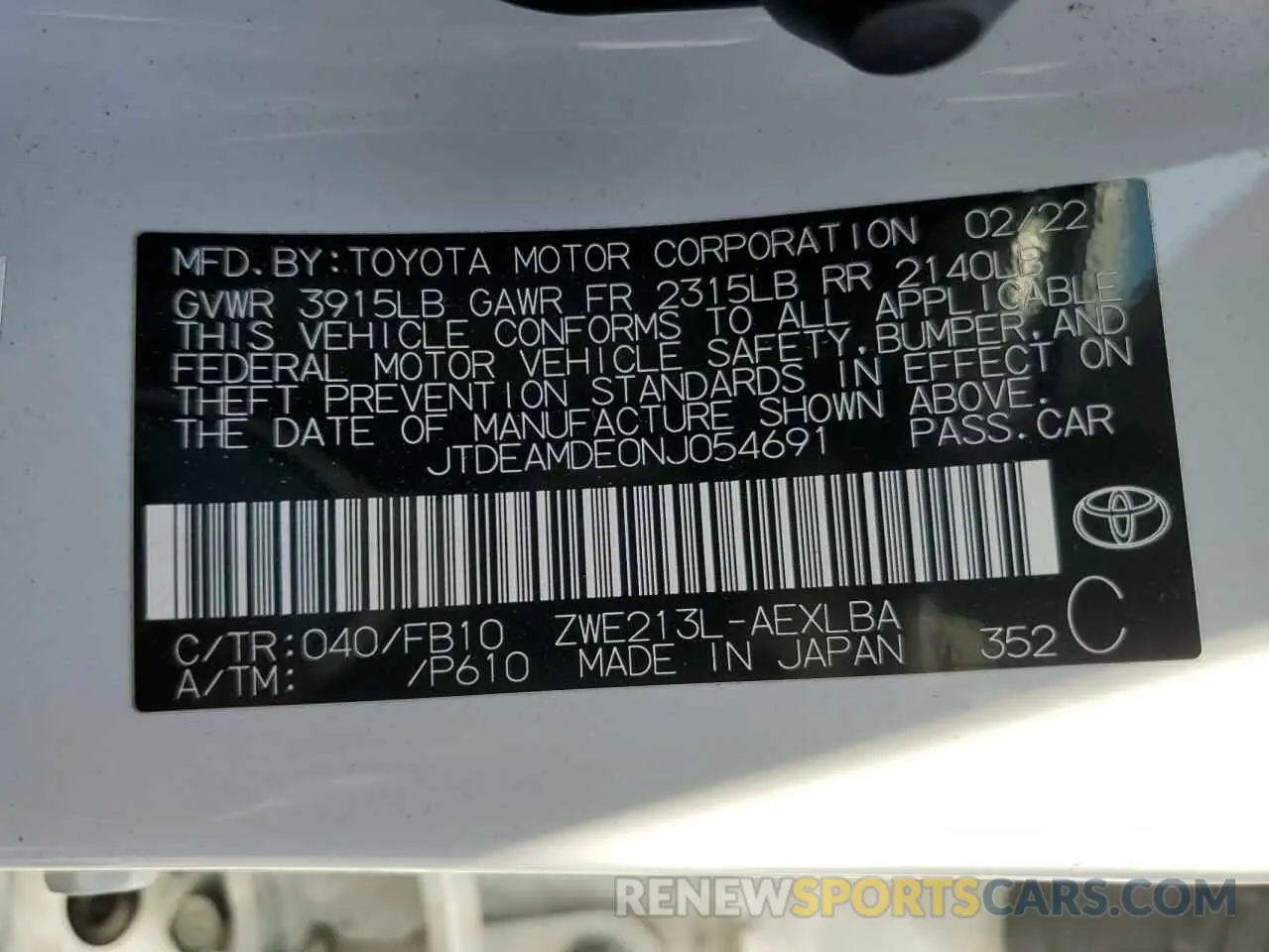 14 Photograph of a damaged car JTDEAMDE0NJ054691 TOYOTA COROLLA 2022