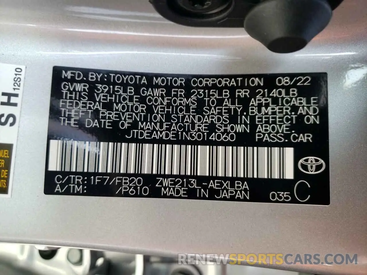 10 Photograph of a damaged car JTDEAMDE1N3014060 TOYOTA COROLLA 2022