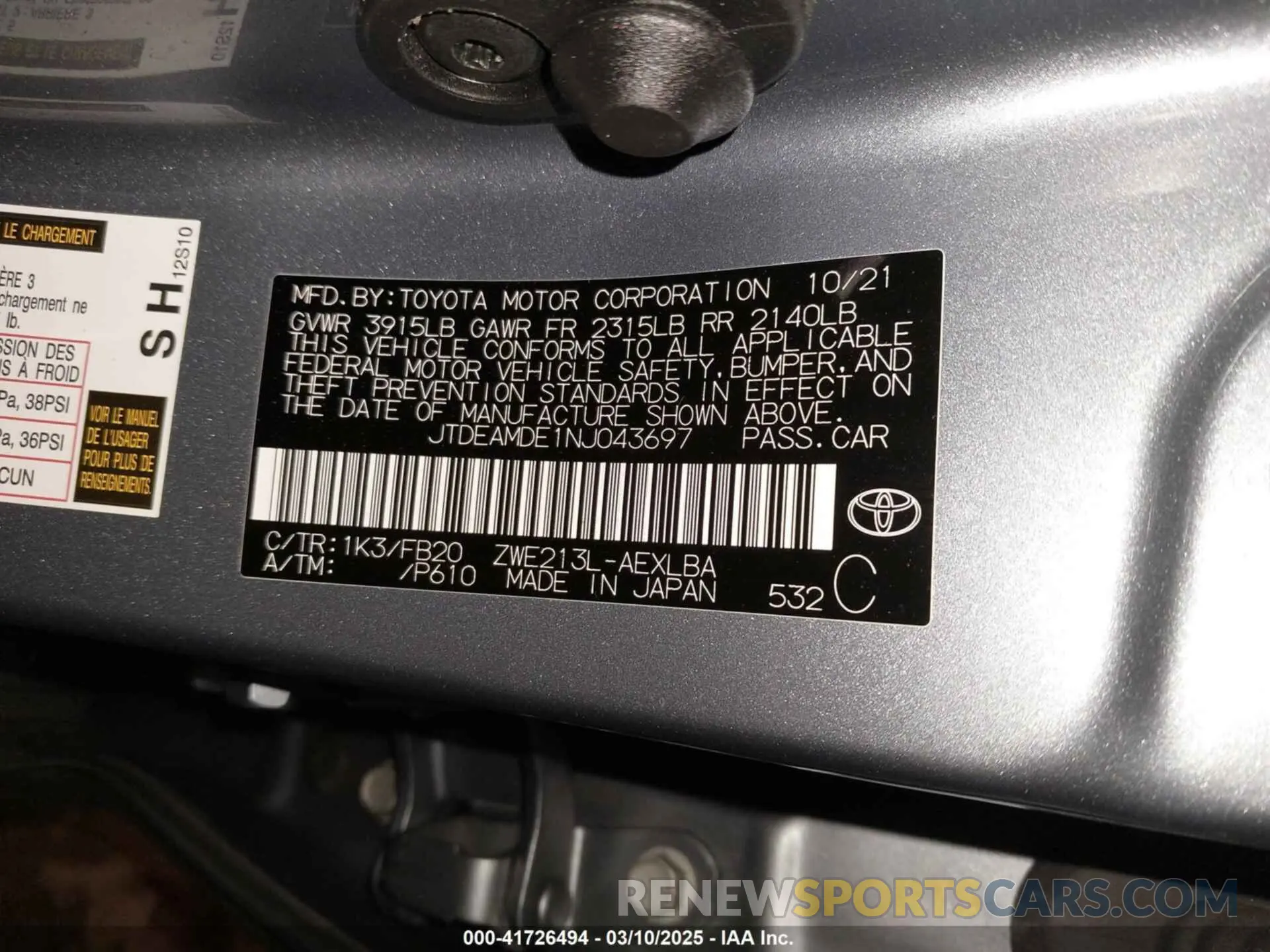 9 Photograph of a damaged car JTDEAMDE1NJ043697 TOYOTA COROLLA 2022