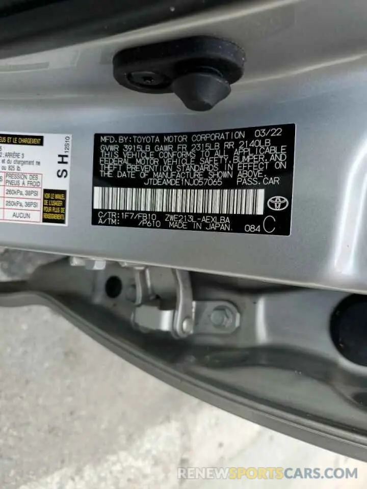 10 Photograph of a damaged car JTDEAMDE1NJ057065 TOYOTA COROLLA 2022