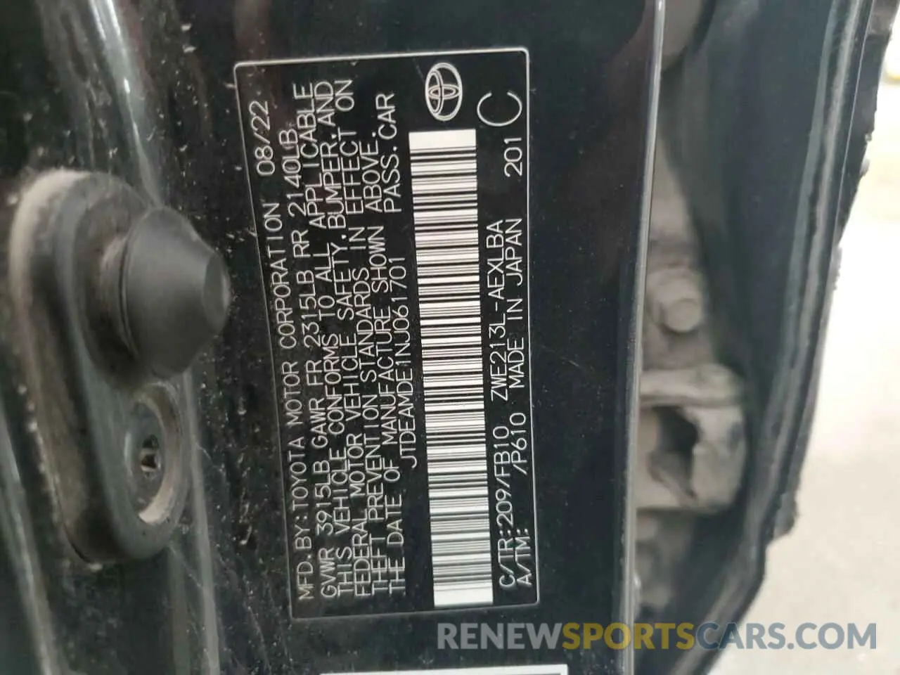12 Photograph of a damaged car JTDEAMDE1NJ061701 TOYOTA COROLLA 2022