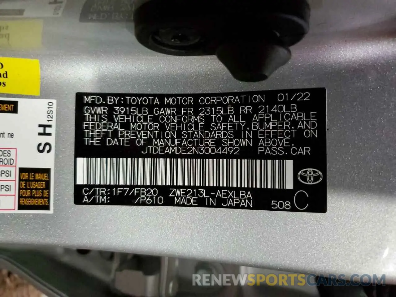 10 Фотография поврежденного автомобиля JTDEAMDE2N3004492 TOYOTA COROLLA 2022