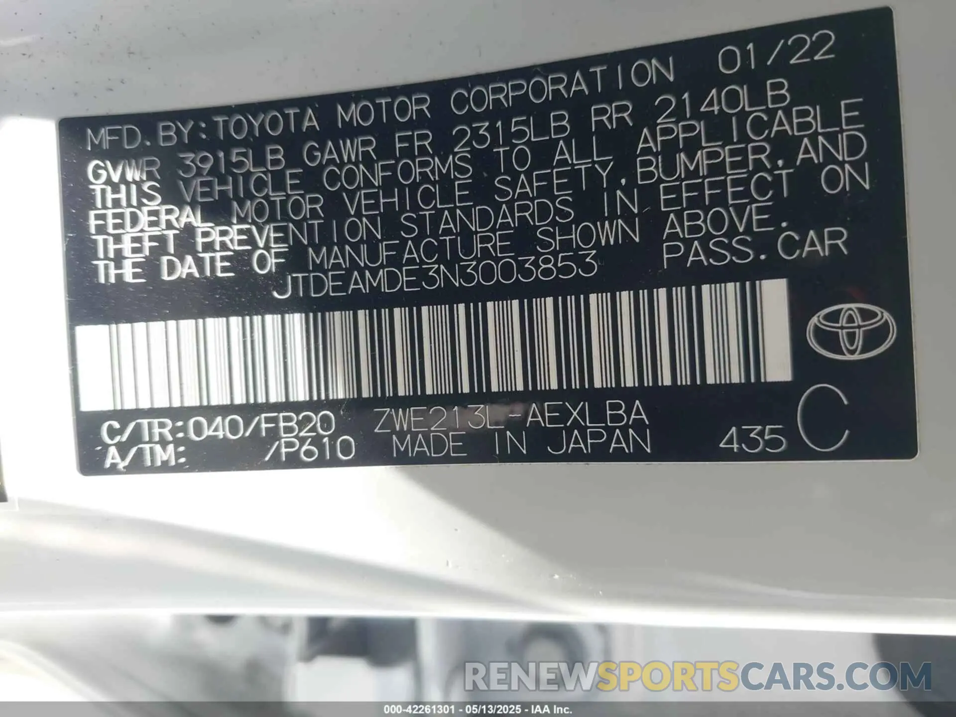9 Фотография поврежденного автомобиля JTDEAMDE3N3003853 TOYOTA COROLLA 2022