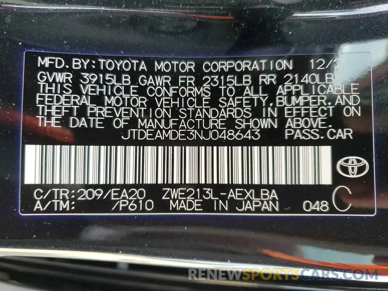 13 Фотография поврежденного автомобиля JTDEAMDE3NJ048643 TOYOTA COROLLA 2022