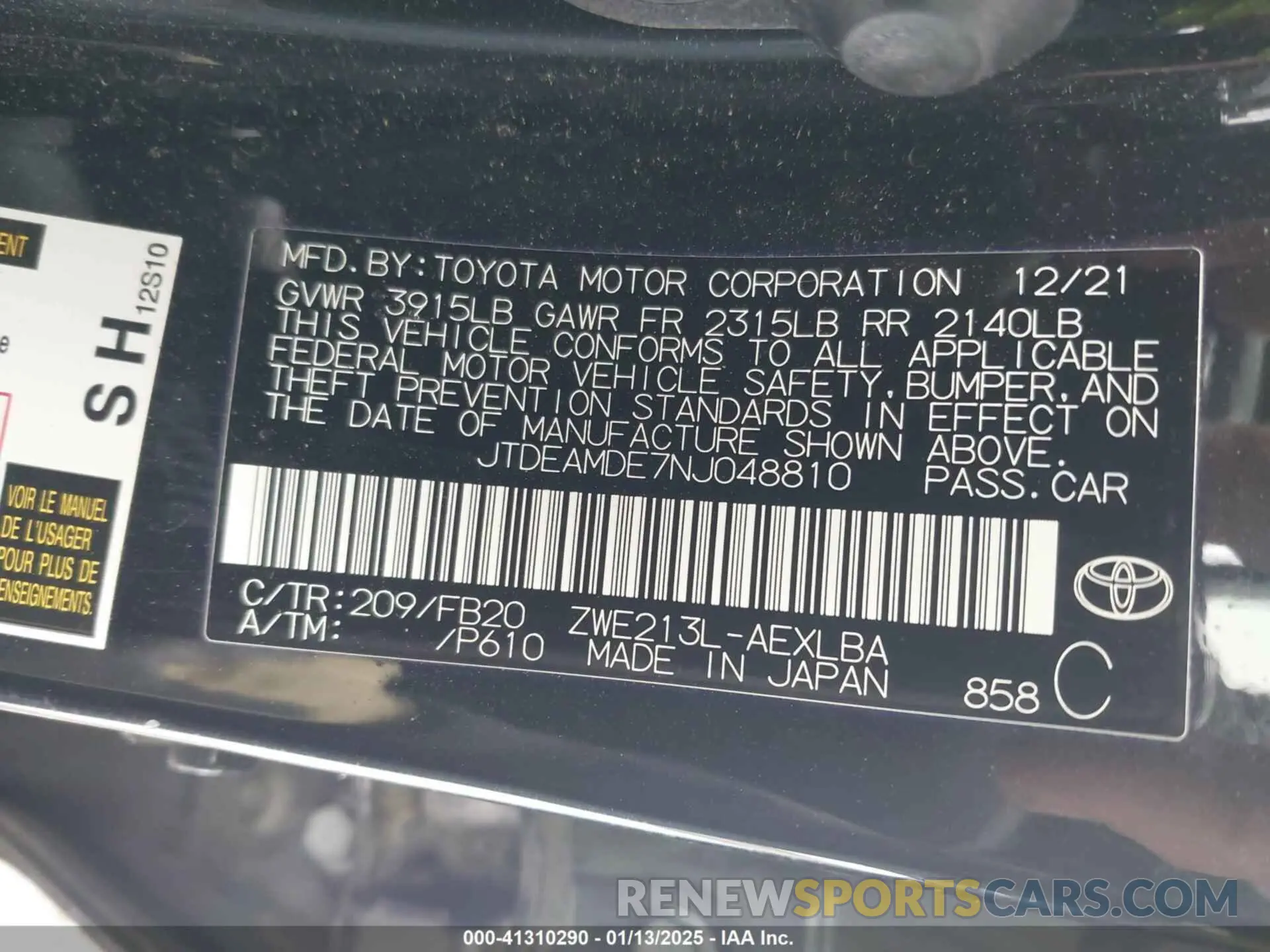 9 Photograph of a damaged car JTDEAMDE7NJ048810 TOYOTA COROLLA 2022