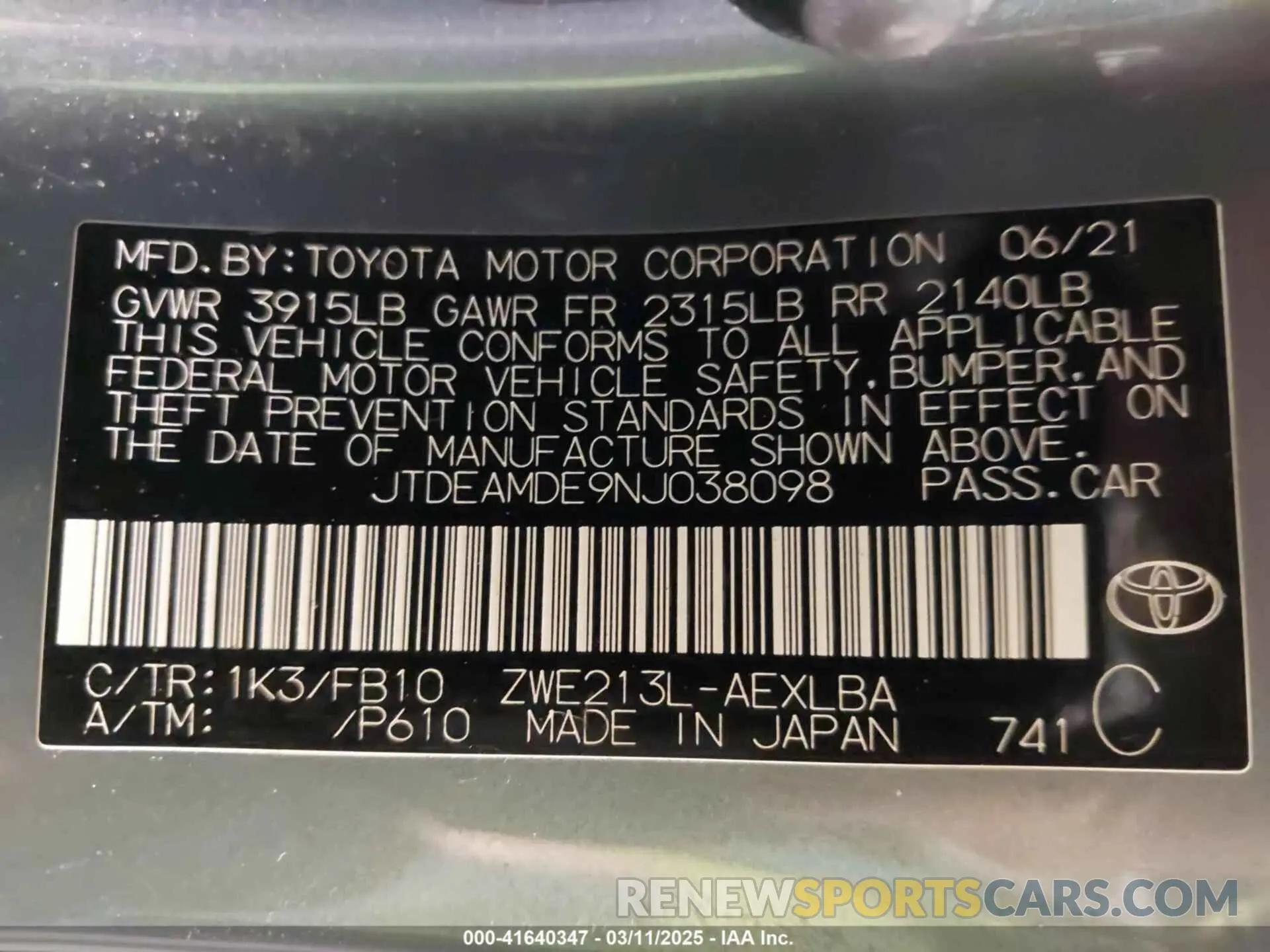 9 Фотография поврежденного автомобиля JTDEAMDE9NJ038098 TOYOTA COROLLA 2022