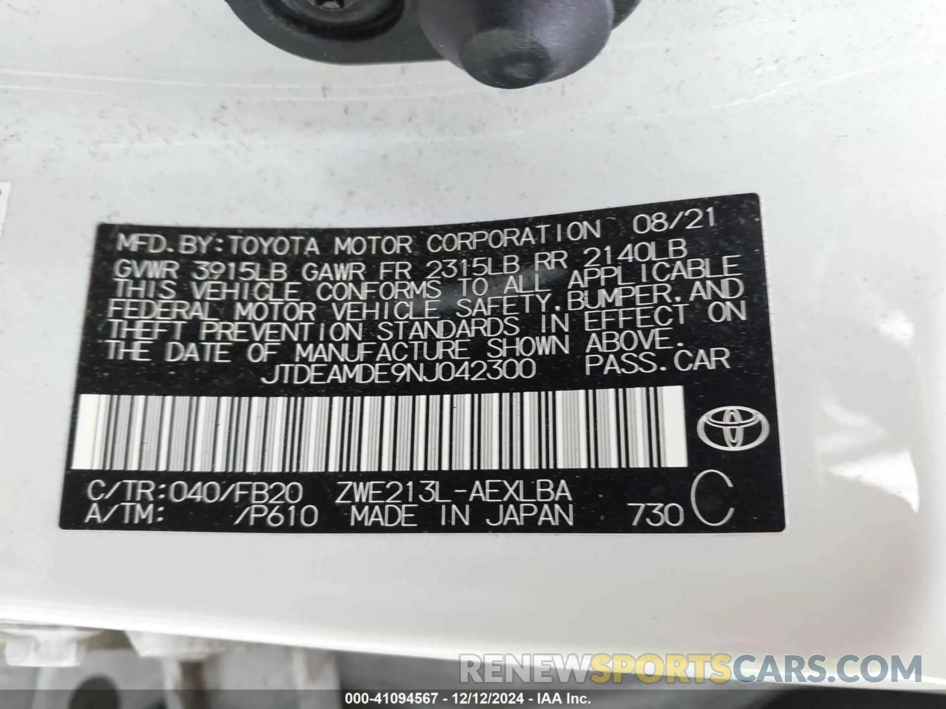 9 Photograph of a damaged car JTDEAMDE9NJ042300 TOYOTA COROLLA 2022