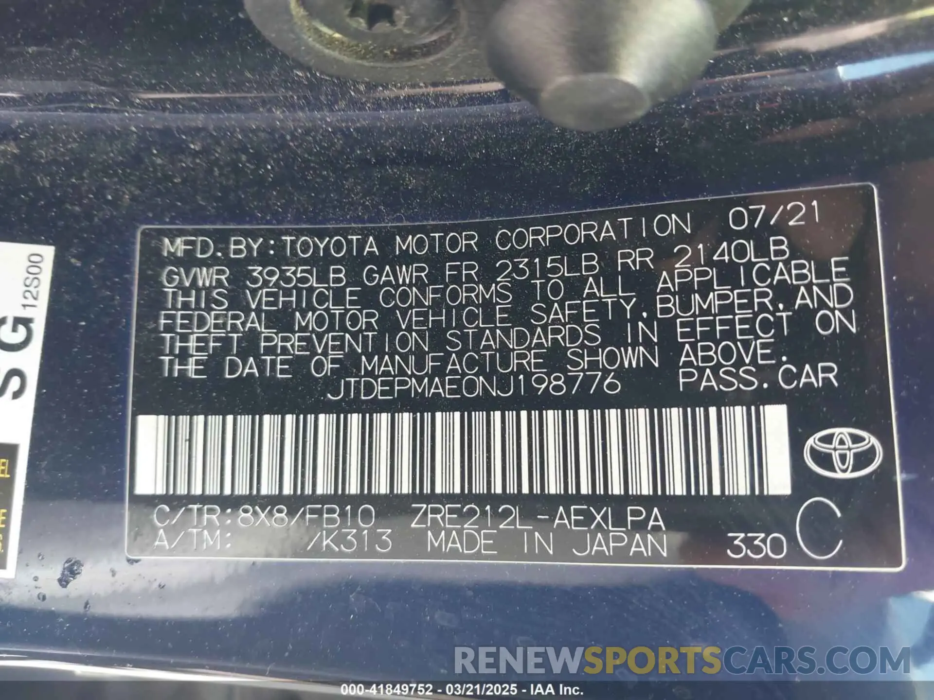8 Фотография поврежденного автомобиля JTDEPMAE0NJ198776 TOYOTA COROLLA 2022