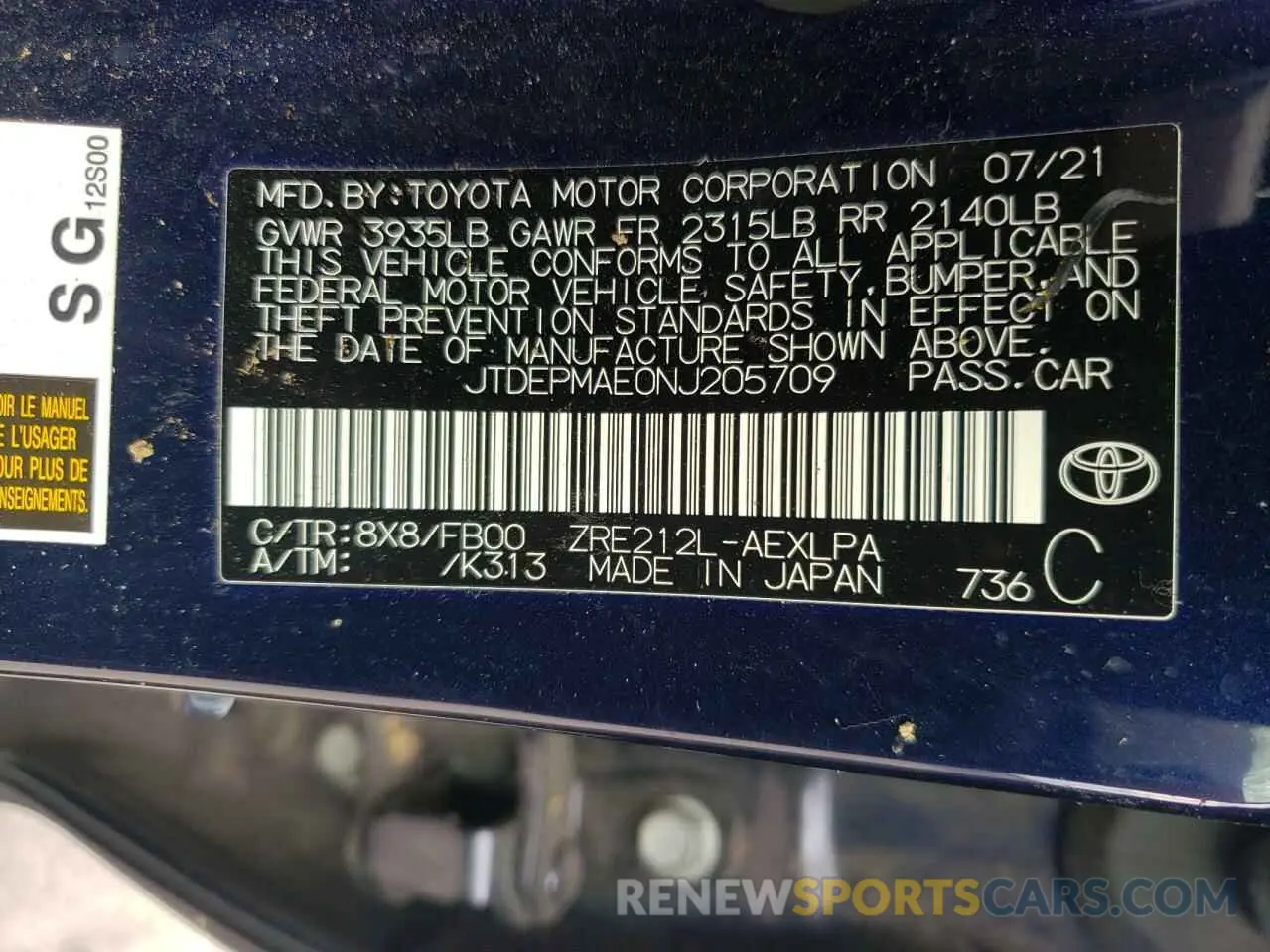12 Photograph of a damaged car JTDEPMAE0NJ205709 TOYOTA COROLLA 2022