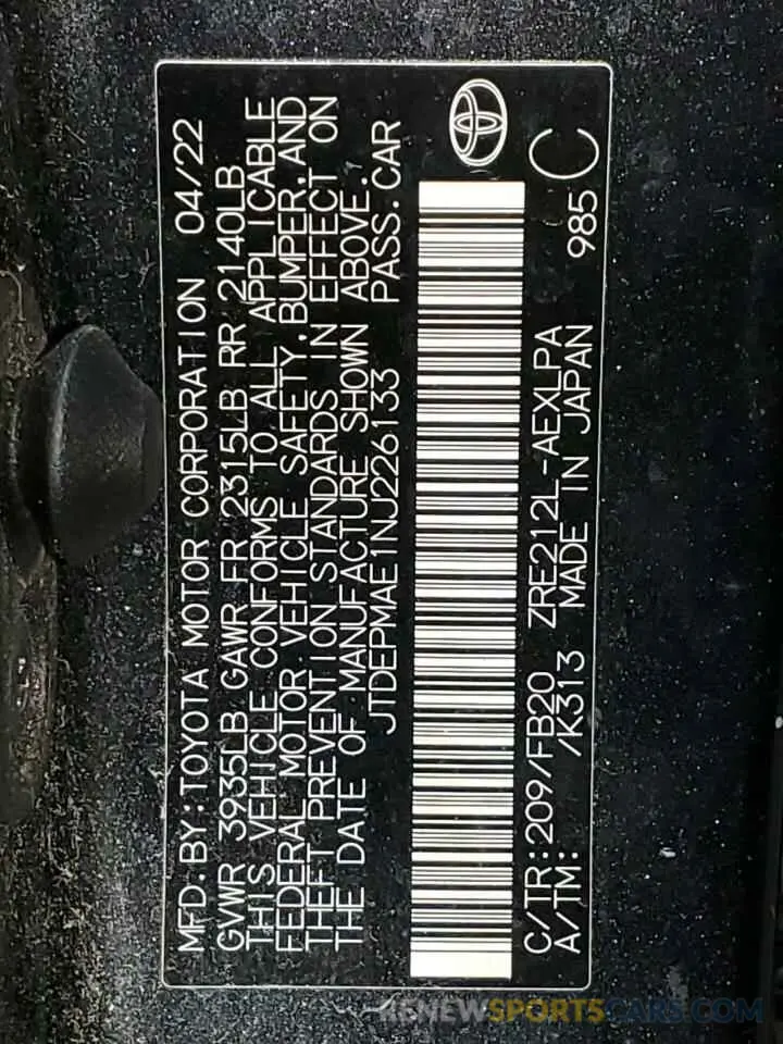 12 Photograph of a damaged car JTDEPMAE1NJ226133 TOYOTA COROLLA 2022