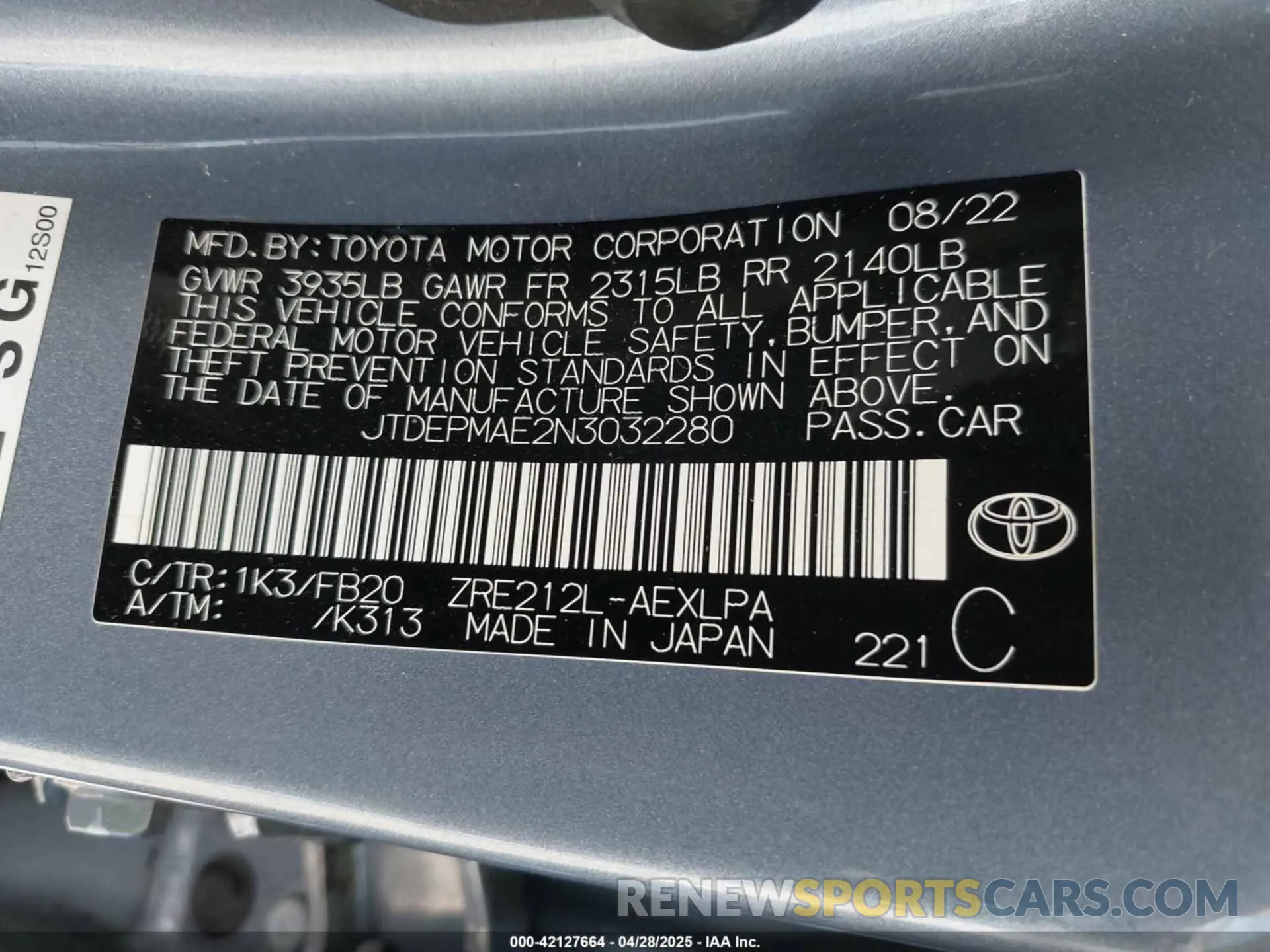 9 Photograph of a damaged car JTDEPMAE2N3032280 TOYOTA COROLLA 2022