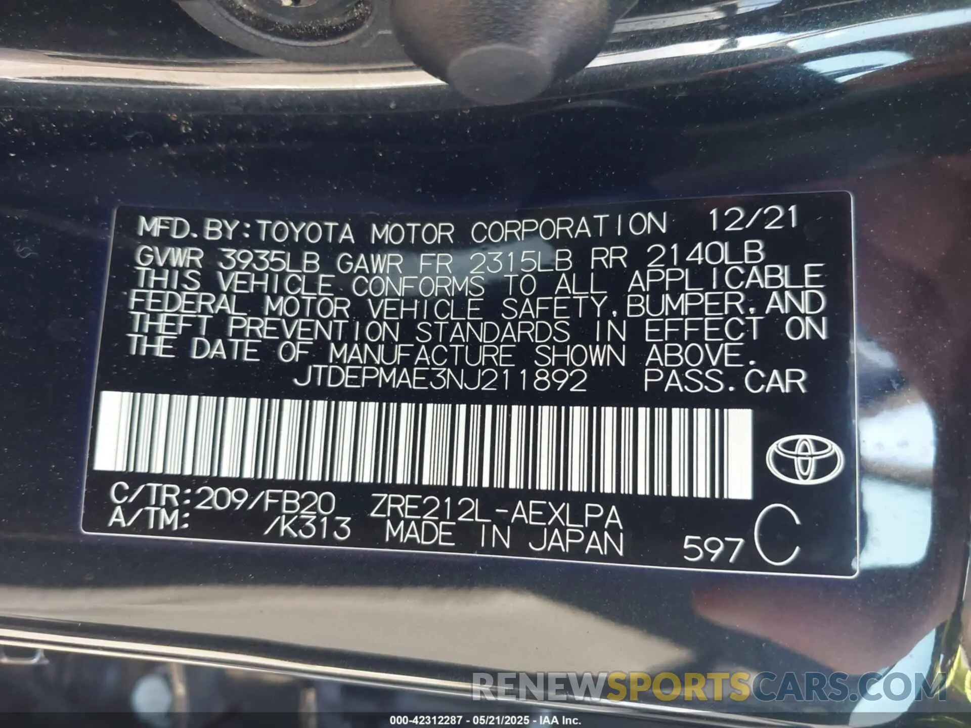 9 Фотография поврежденного автомобиля JTDEPMAE3NJ211892 TOYOTA COROLLA 2022