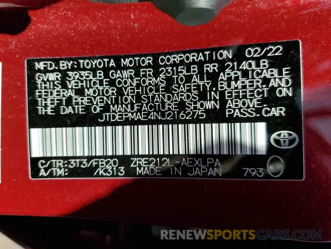 12 Photograph of a damaged car JTDEPMAE4NJ216275 TOYOTA COROLLA 2022