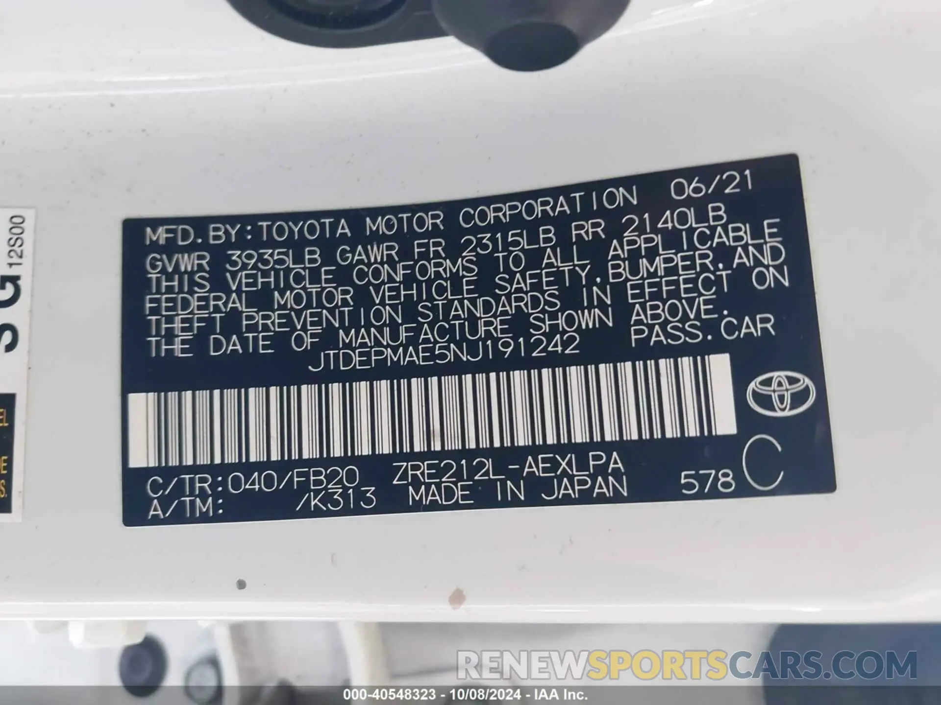 9 Фотография поврежденного автомобиля JTDEPMAE5NJ191242 TOYOTA COROLLA 2022
