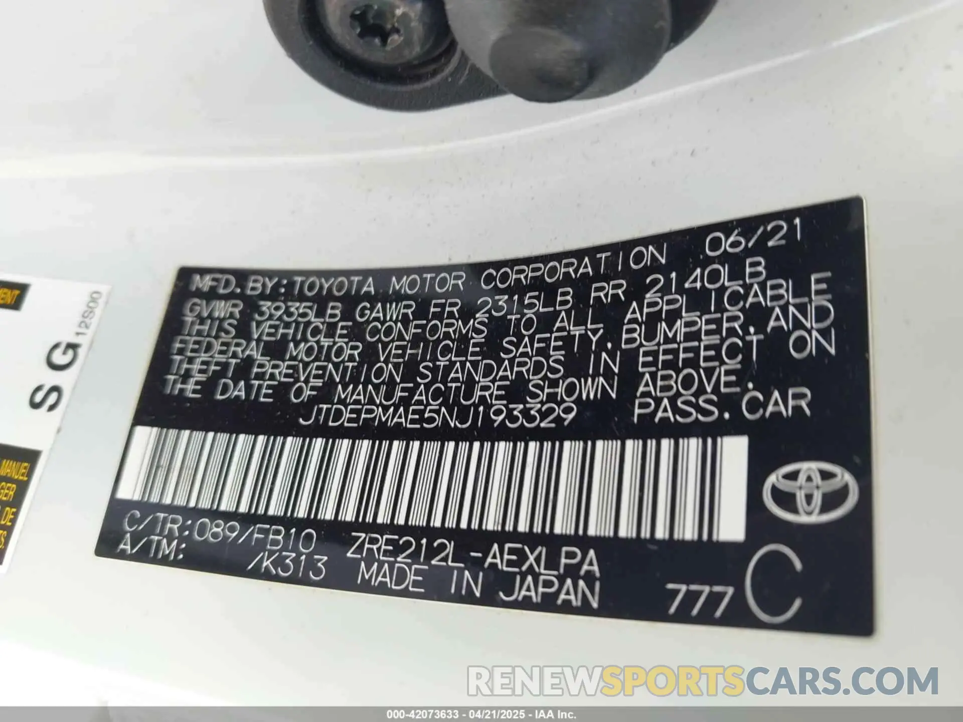 9 Фотография поврежденного автомобиля JTDEPMAE5NJ193329 TOYOTA COROLLA 2022
