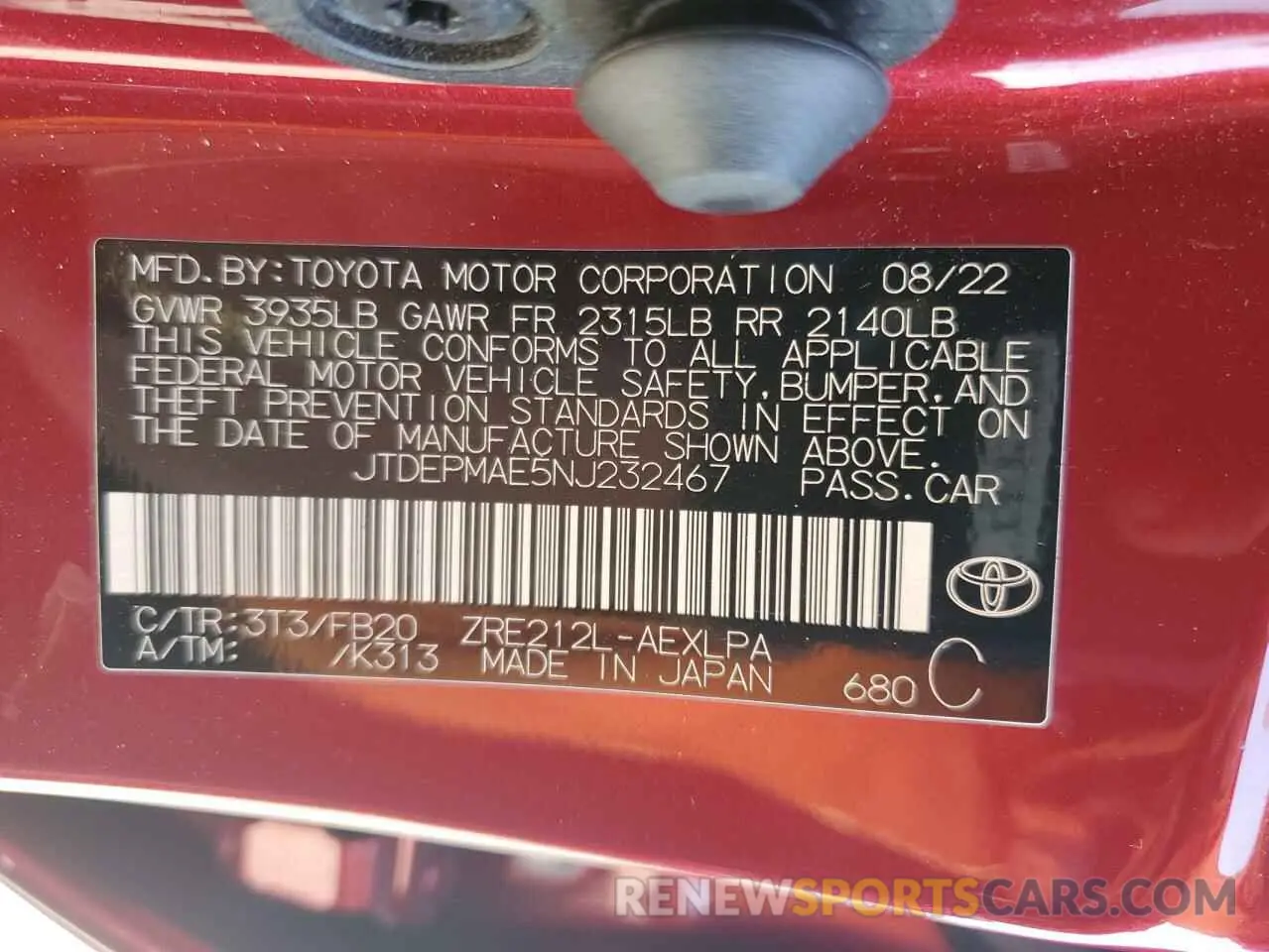 12 Photograph of a damaged car JTDEPMAE5NJ232467 TOYOTA COROLLA 2022