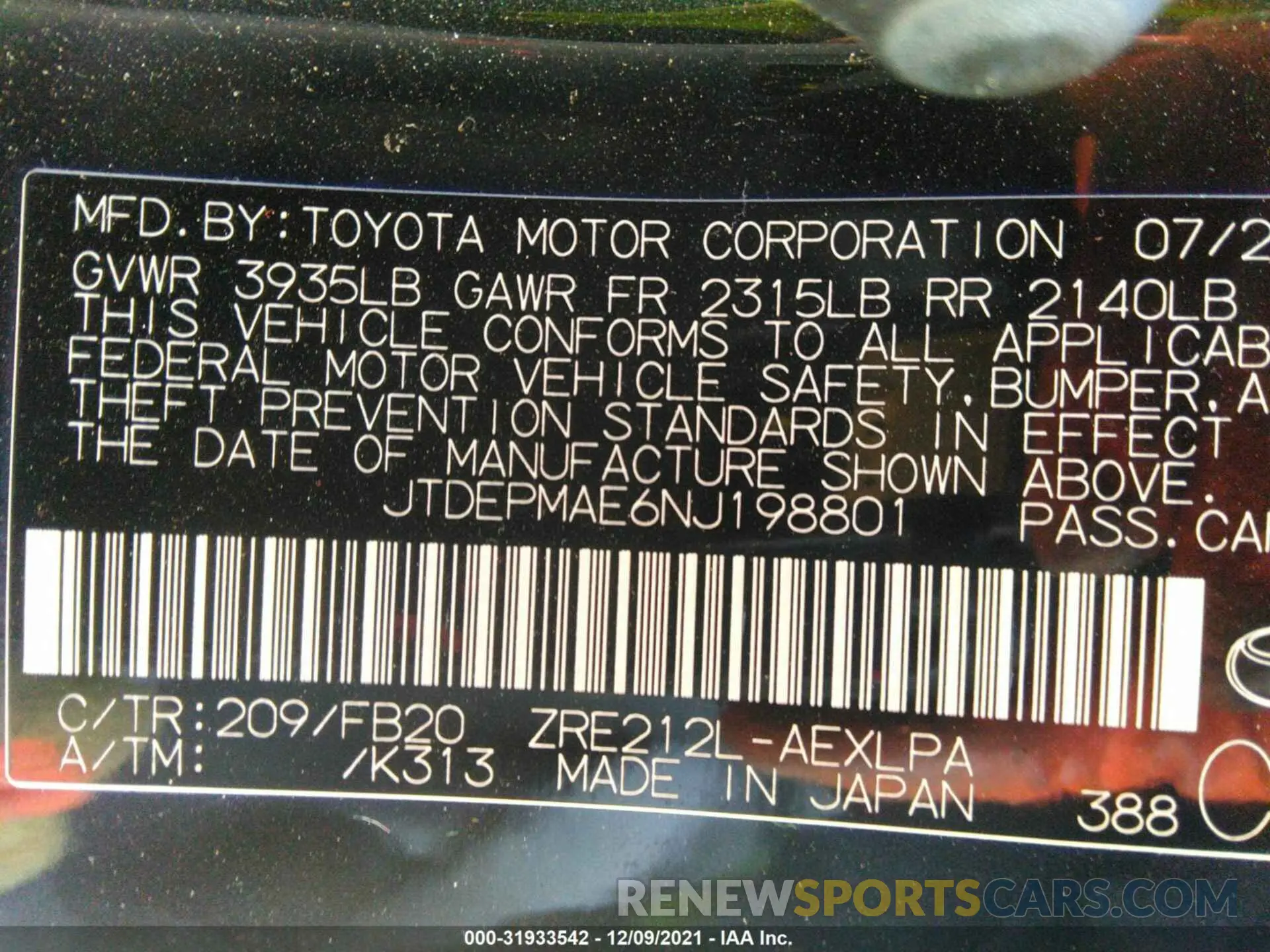 9 Photograph of a damaged car JTDEPMAE6NJ198801 TOYOTA COROLLA 2022