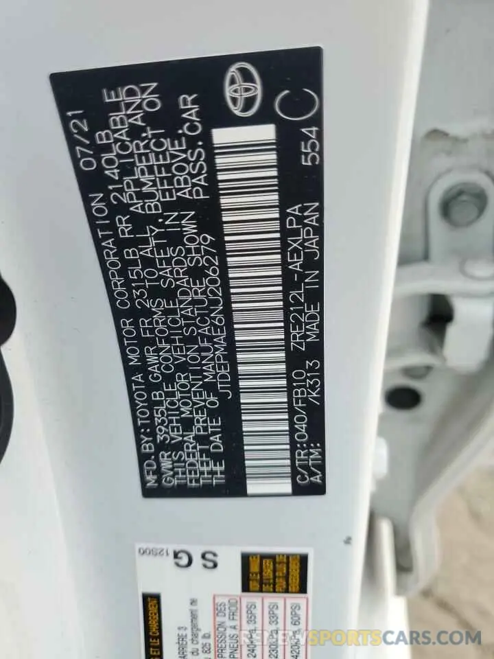 12 Фотография поврежденного автомобиля JTDEPMAE6NJ206279 TOYOTA COROLLA 2022