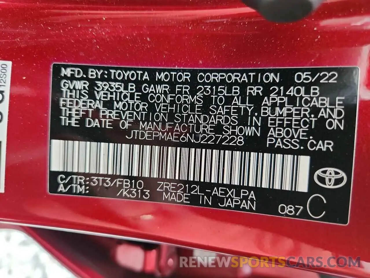 12 Фотография поврежденного автомобиля JTDEPMAE6NJ227228 TOYOTA COROLLA 2022