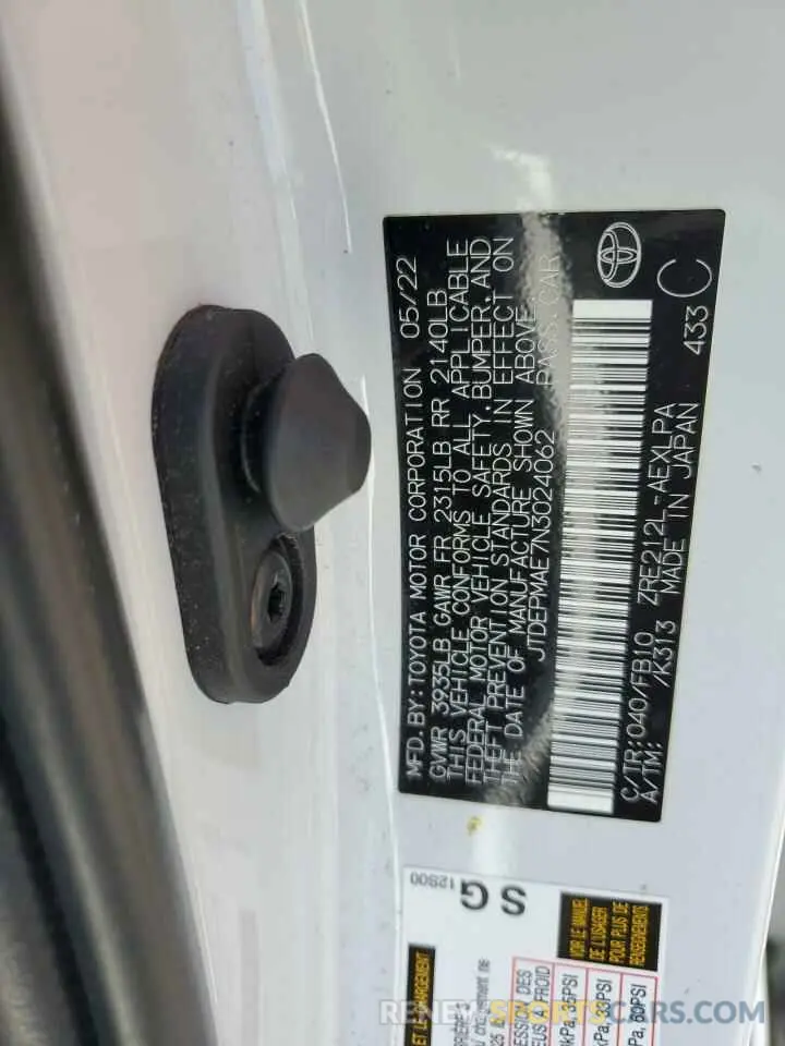 12 Фотография поврежденного автомобиля JTDEPMAE7N3024062 TOYOTA COROLLA 2022
