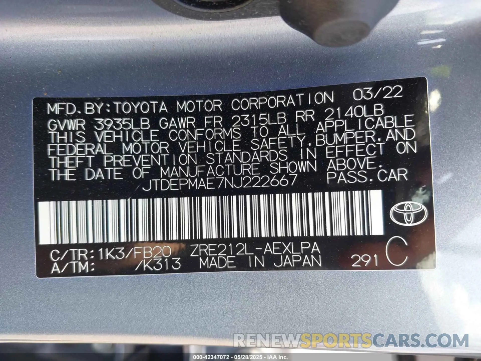 9 Фотография поврежденного автомобиля JTDEPMAE7NJ222667 TOYOTA COROLLA 2022