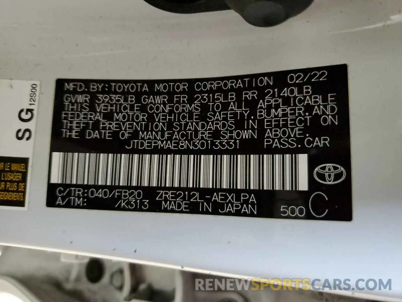 13 Photograph of a damaged car JTDEPMAE8N3013331 TOYOTA COROLLA 2022