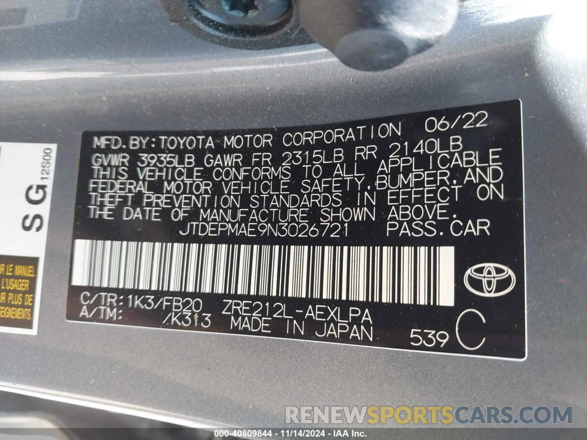 9 Photograph of a damaged car JTDEPMAE9N3026721 TOYOTA COROLLA 2022