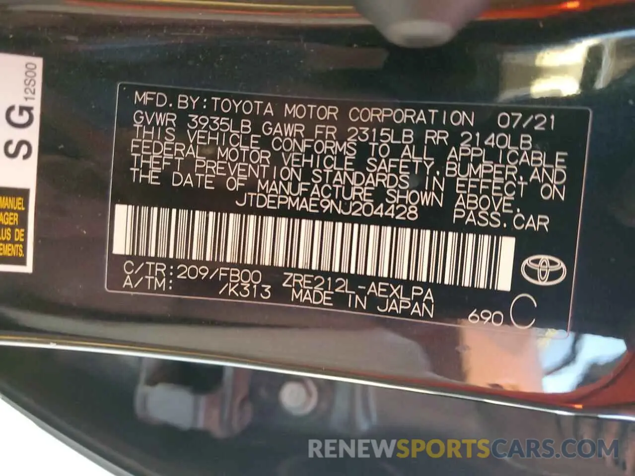 12 Фотография поврежденного автомобиля JTDEPMAE9NJ204428 TOYOTA COROLLA 2022