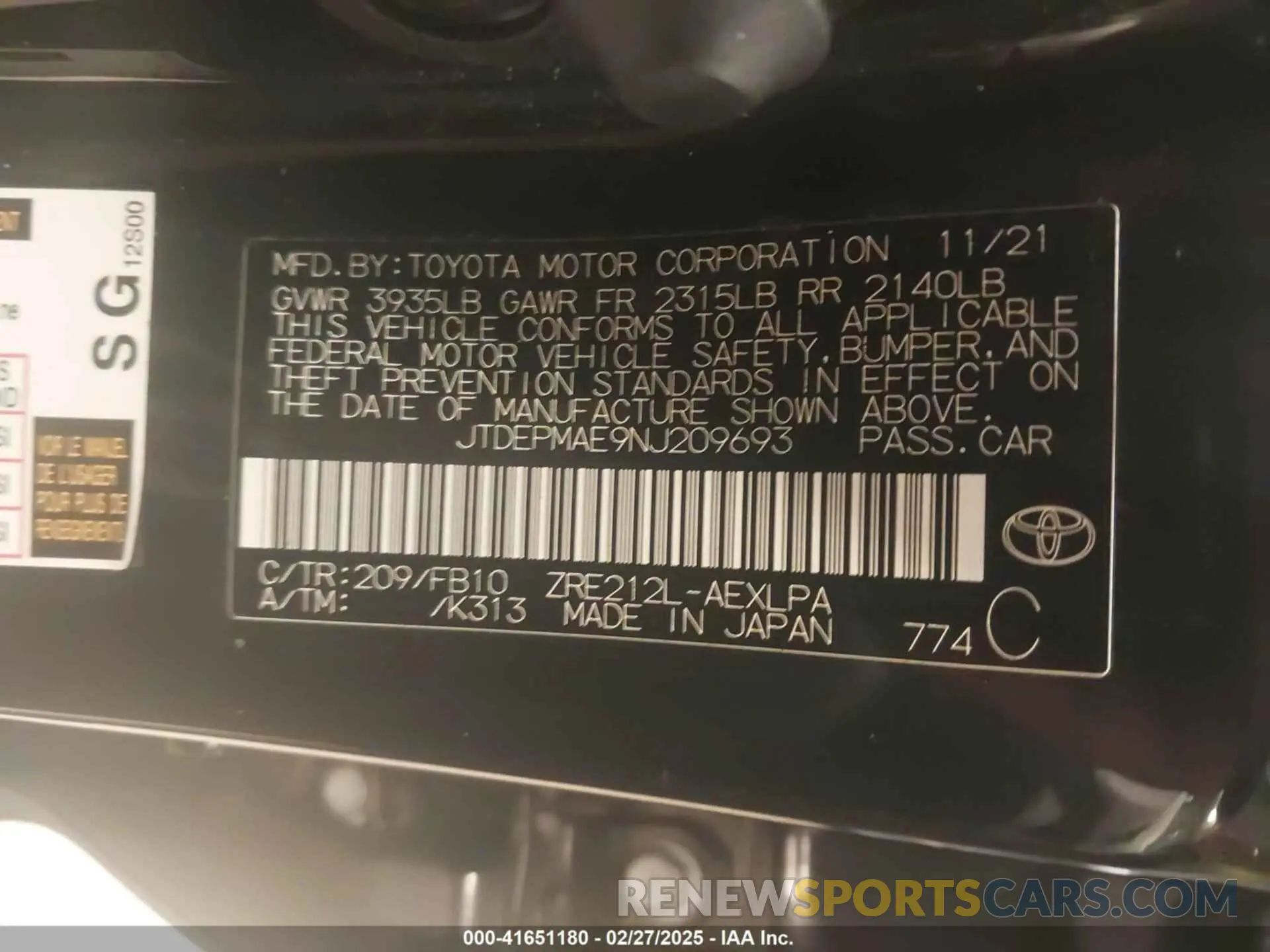9 Фотография поврежденного автомобиля JTDEPMAE9NJ209693 TOYOTA COROLLA 2022