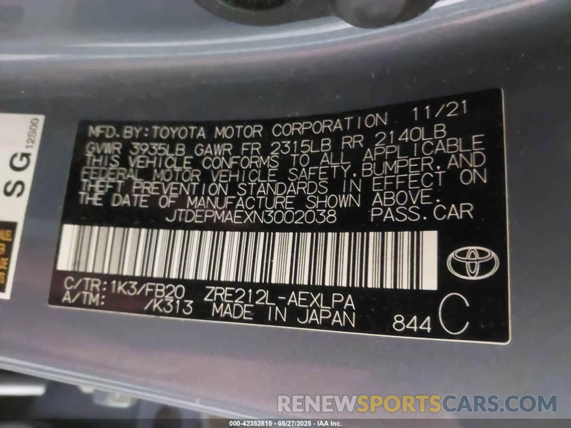 9 Photograph of a damaged car JTDEPMAEXN3002038 TOYOTA COROLLA 2022